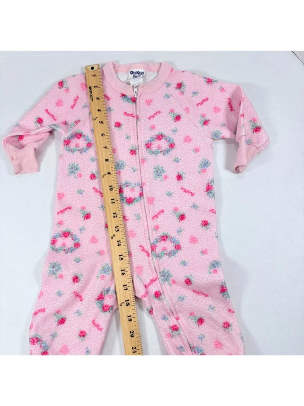 Vintage Oshkosh Girls Heart Floral Fleece One Piece Pajamas Outfit 2T / 18m